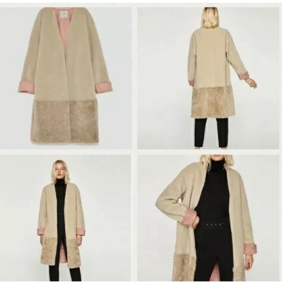 Zara Tan /beigePink Faux Fur Faux Shearling Open Front Coat Sz S - Picture 2 of 8